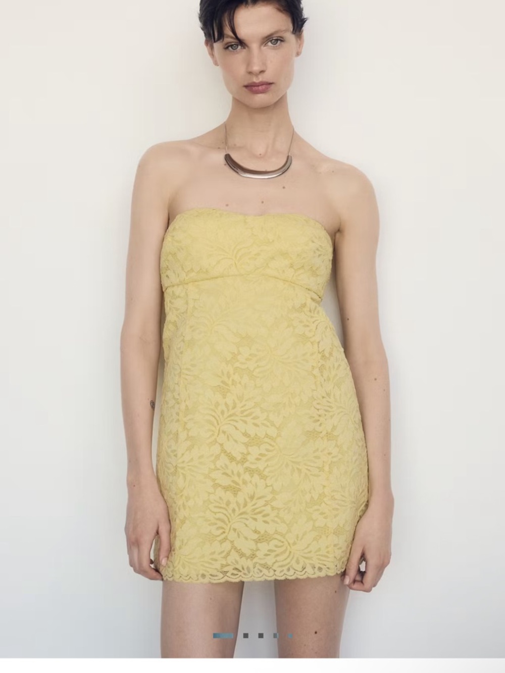 Mango Strapless Yellow Lace Mini Dress